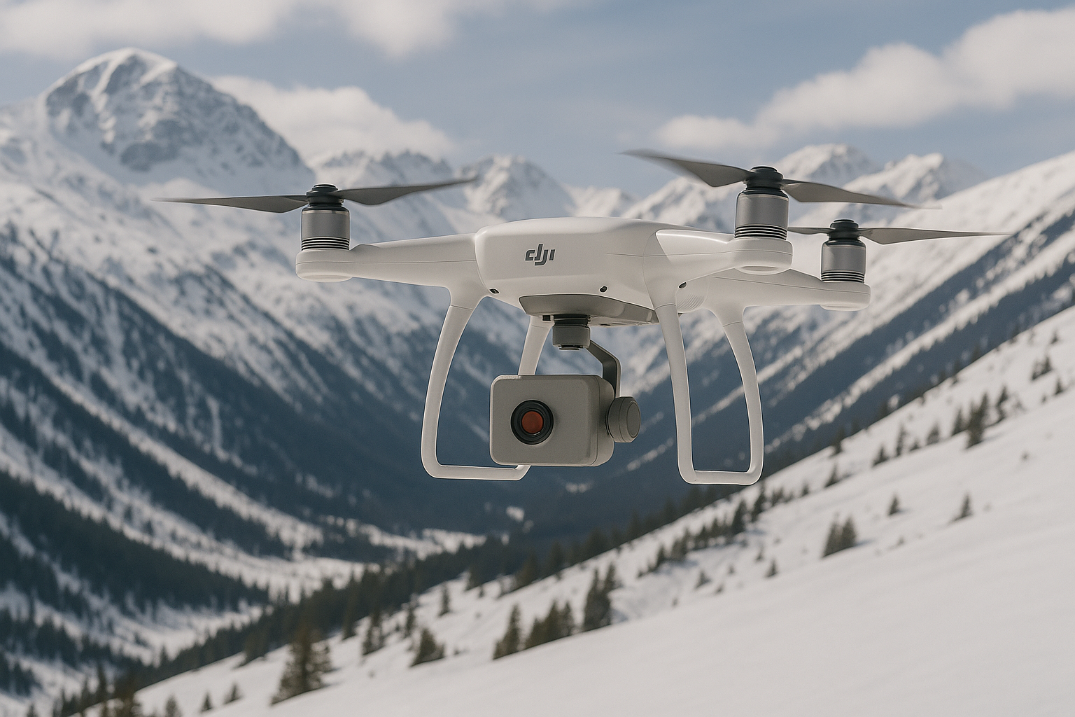 Drone flying over snowy mountains for avalanche prediction